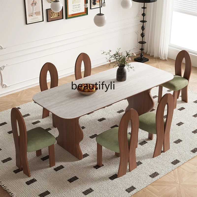 French Retro Cave Stone Stone Plate Dining Table Home Walnut Style Solid Wood Dining Tables and Chairs Set