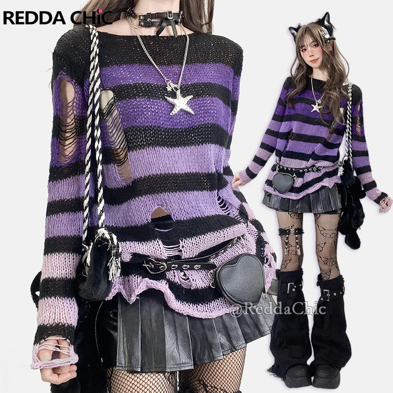 REDDACHiC Gradient Striped Ripped Sweater Alt Punk Long Sleeve Extra-long Torn Knit Pullover Top Y2k Retro Autumn Women Clothes