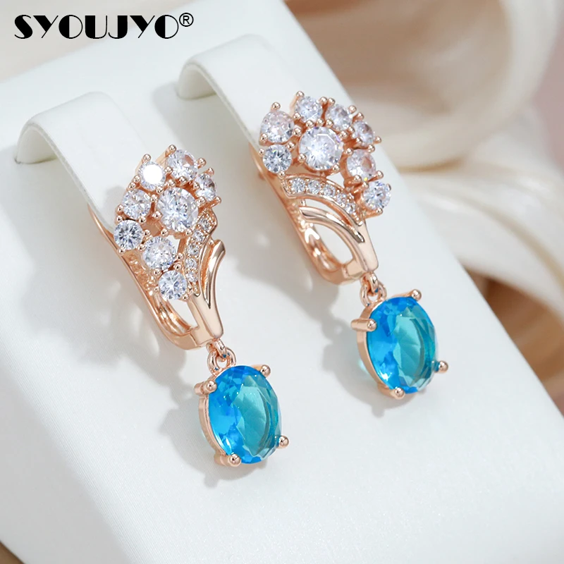 SYOUJYO Sky Blue Natural Zircon Long Dangle Earrings For Women 585 Rose Golden Wedding Luxury Jewelry Gift Accessories