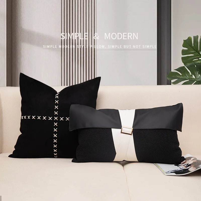 handmade black white woven leather cushion cover modern pu leather pillowcase sofa pillow cover