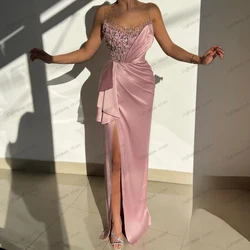 Vintage Evening Dresses Satin Prom Dress Sequin Appliques Sexy High Slit Sheath Robes For Formal Party Vestidos De Noche 2024