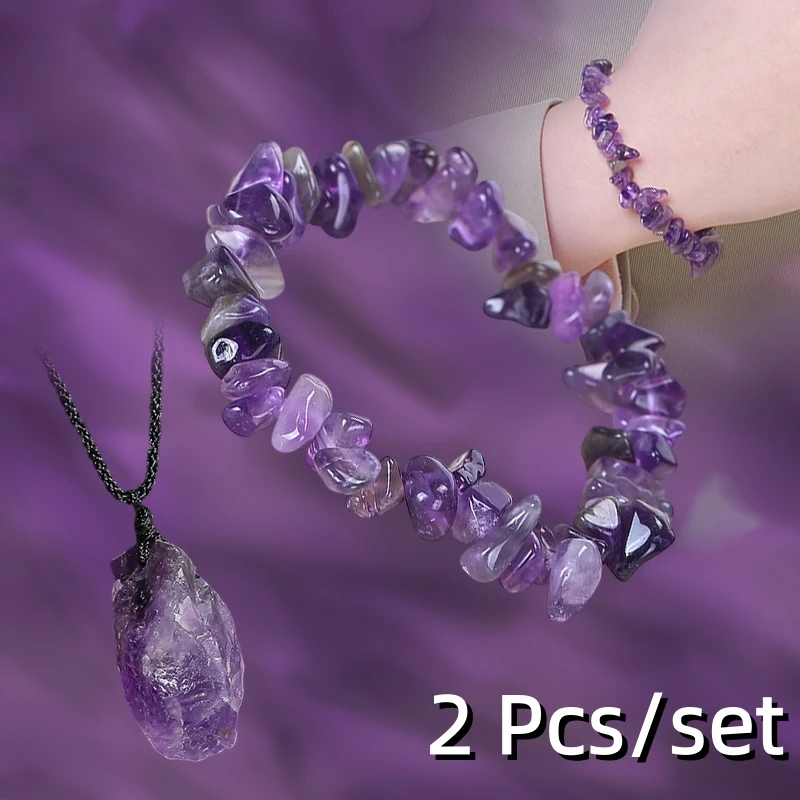 Juego de 2 Piezas de Pulseras y Collar con Piedras de Amatista Natural, para Hombre y Mujer, Yoga, Meditación, Reiki, Joyería Curativa, Regalo para Parejas
