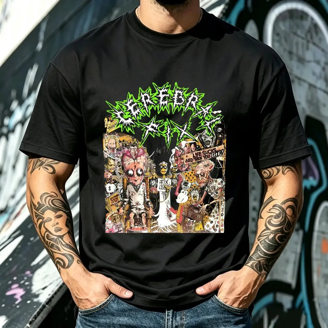 washed T Shirt CEREBRAL FIX LIFE SUCKS AND THEN YOU DIE'88 NEW BLACK vintage Washed Slightly Casual streetwear Stretched