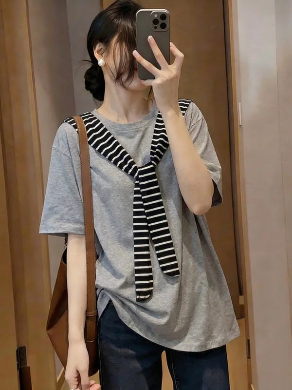 

Gray Striped Shoulder Length T-Shirt Women's Summer New Style plus Size Fat MM Casual Comfortable Breathable Loose Fit Top