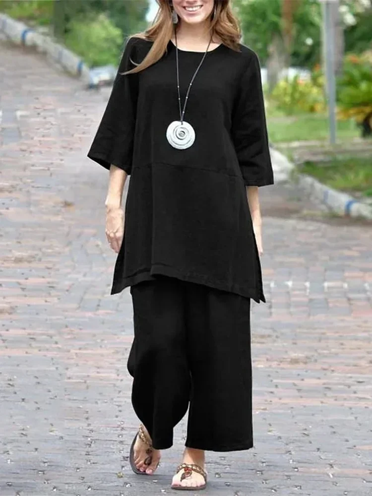 

Women's 2 Piece Loose Shirt Wide Leg Pants Suit Fashion Splicing Casual Mid-Sleeve O-Neck Pullover Plus Size Women's Suit