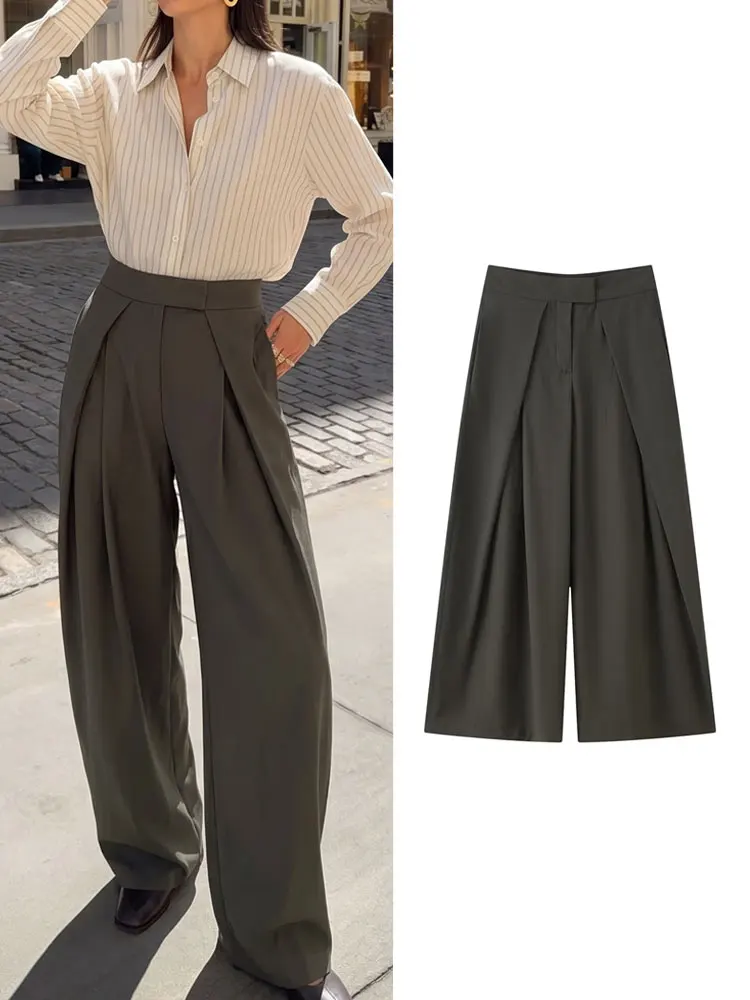 HH Grau gestreifte Hose für Damen, elegante, modische, lässige, lockere Hose mit hoher Taille, Reißverschluss, weites Bein, High-Street-Hose