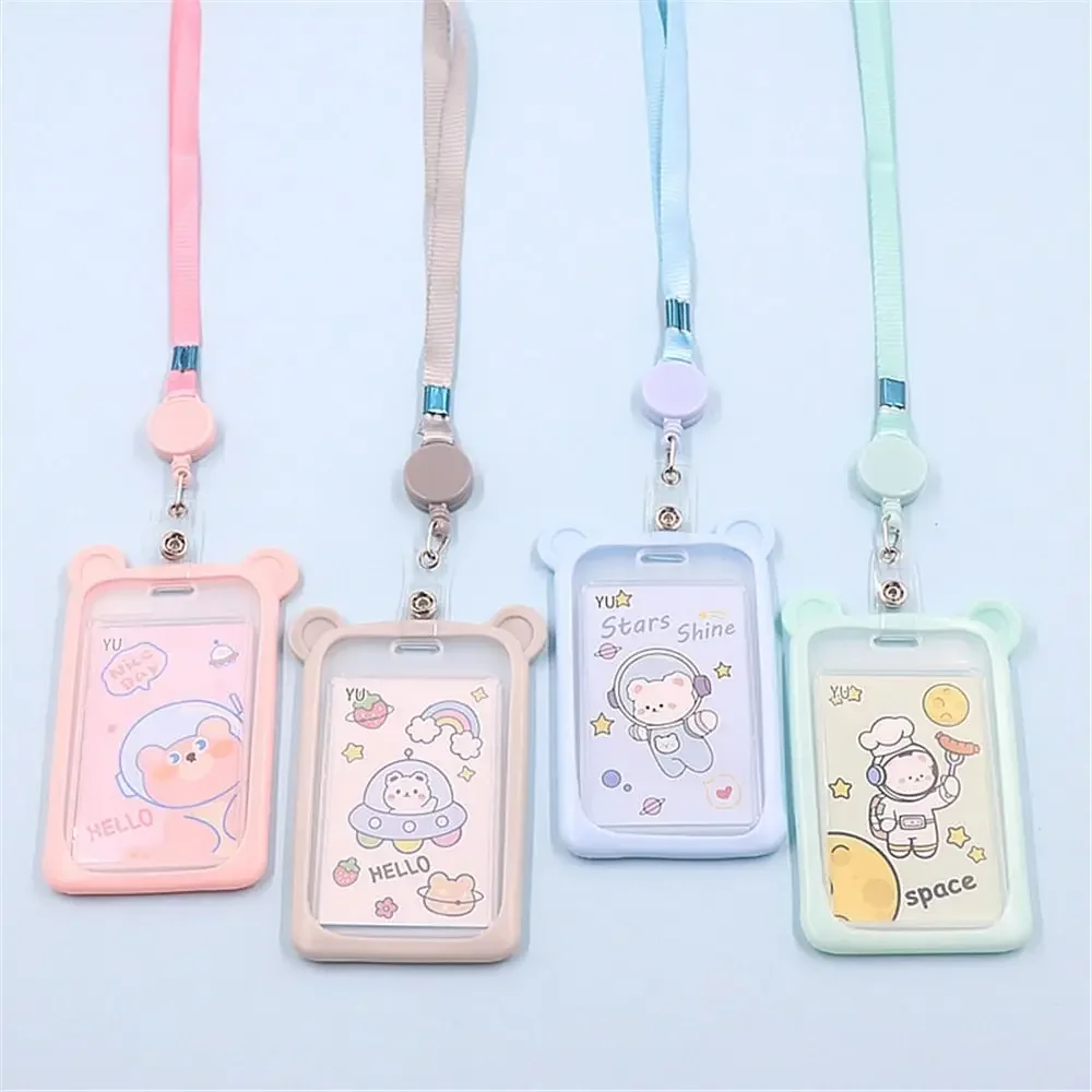 Cartoon Bear Card Holder Bank Identity Bus ID Card Sleeve Case with Retractable Reel Lanyard Plastic Silicone Credit Cover