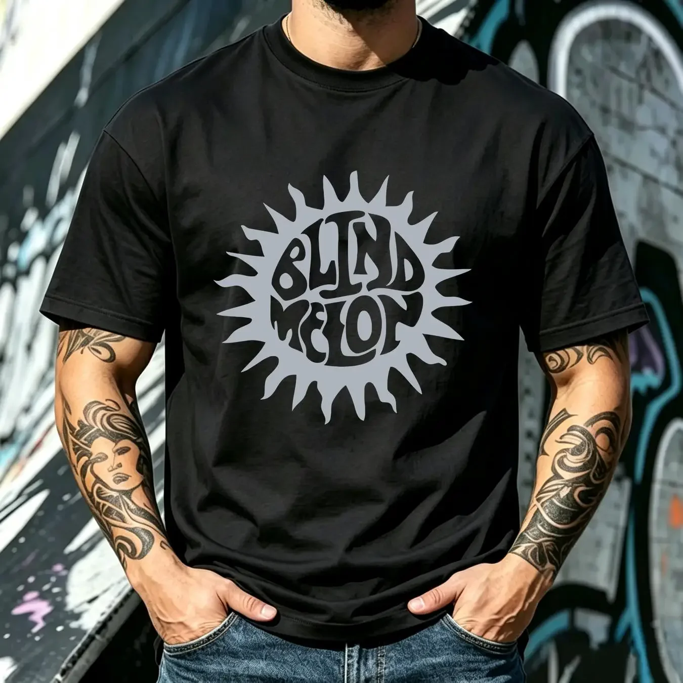washed T Shirt BLIND MELON XL Black 90s Rock Band Print Logo Music long or short sleeves vintage Washed Casual Unisex Stylish