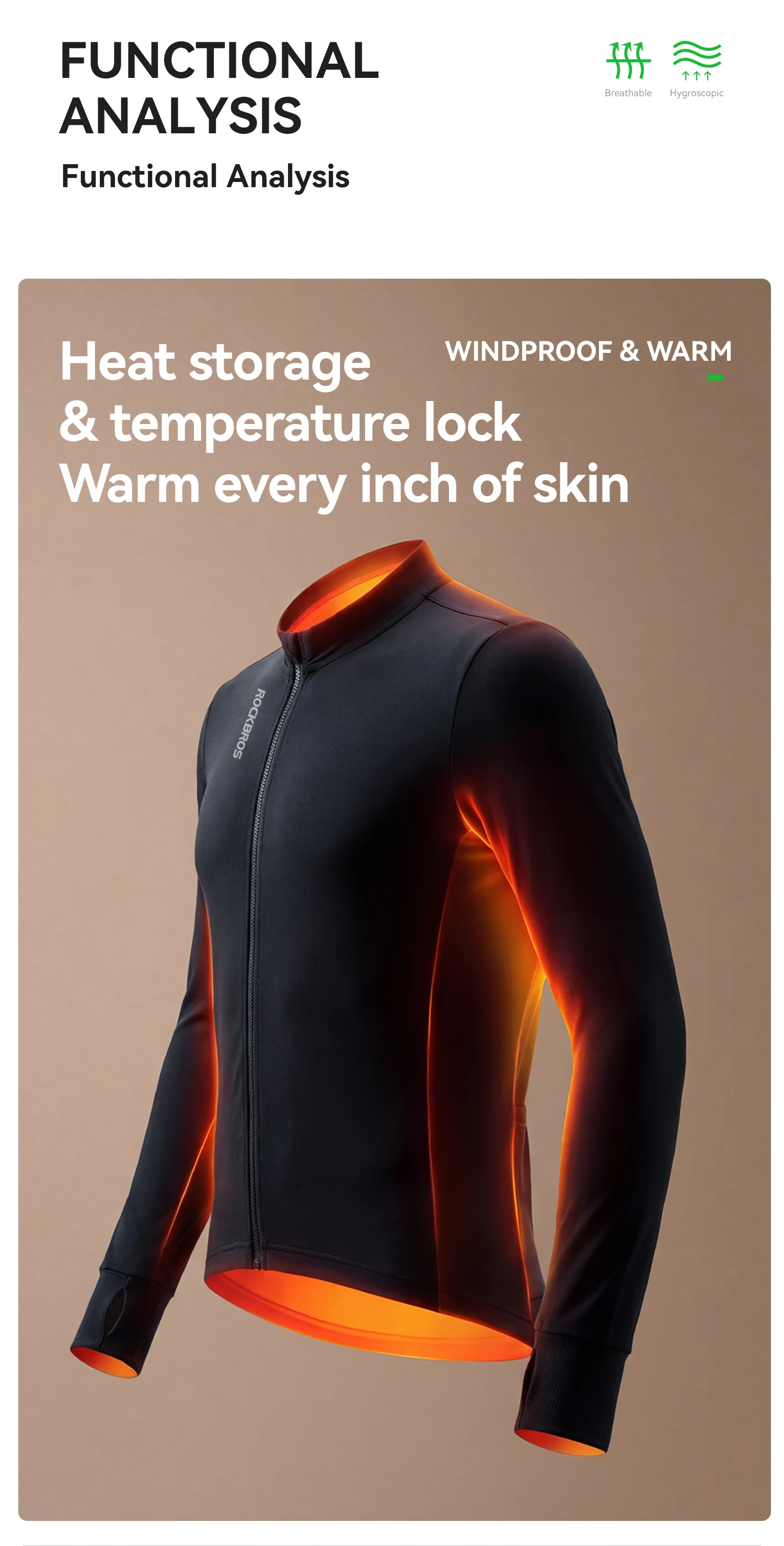 ROCKBROS Winter Thermo-Radtrikot aus Mischgewebe, winddicht, warm, wärmespeichernd, Outdoor Slim Fit Herren-Radtrikot – Detail 3