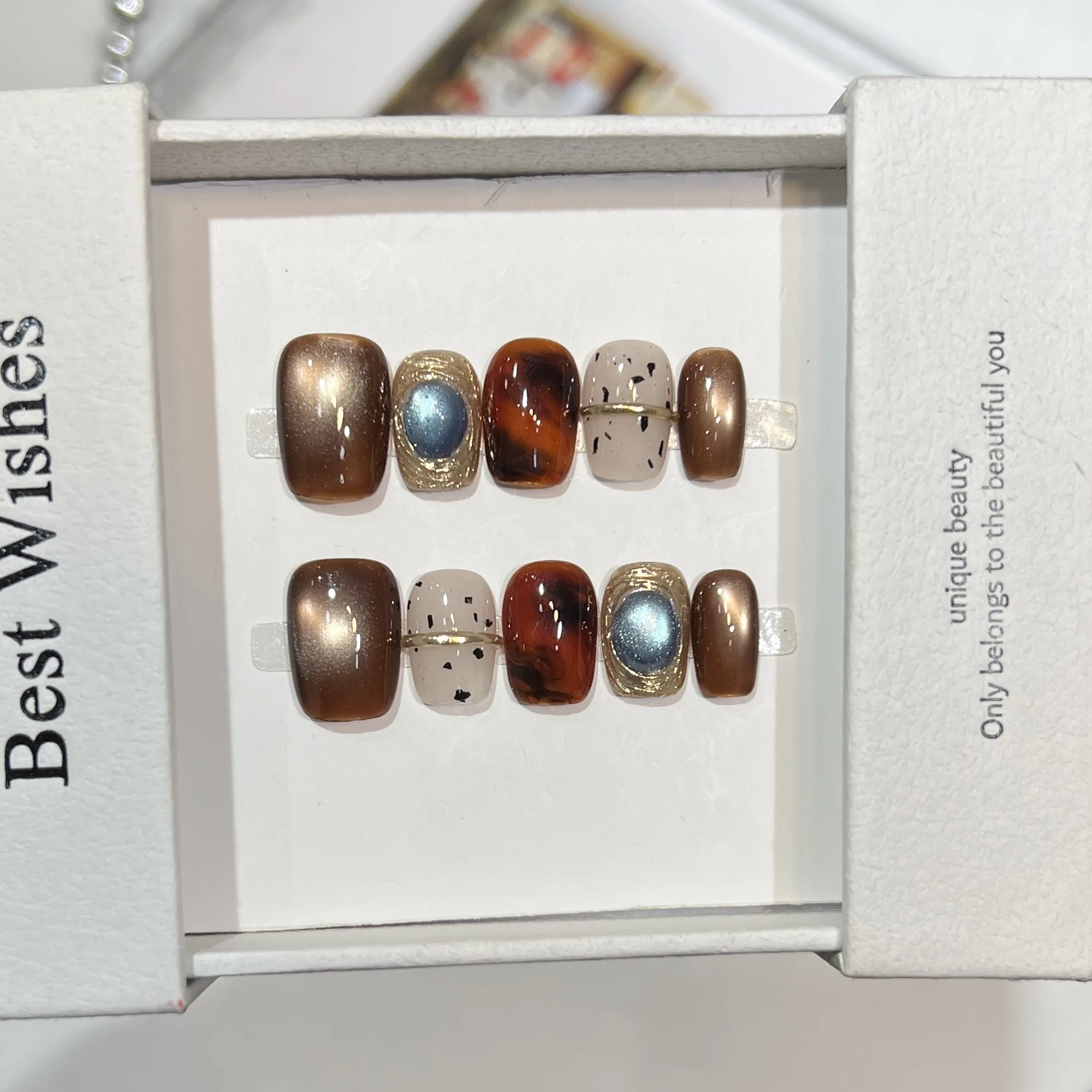 10 قطعة/المجموعة/المجموعة الشتاء مربع اليدوية الصحافة على الأظافر البني القط العين الأظافر وهمية يمكن ارتداؤها عصا على الأظافر أظافر صناعية netypithola #1