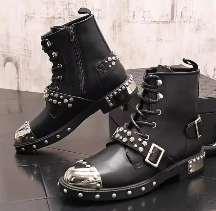 Punk Rivets Buckle Strap Studs Chunky Heel Metal Toe Men Chelsea Boots Black Leather Motorcycle Boots Man Zapatos Hombre