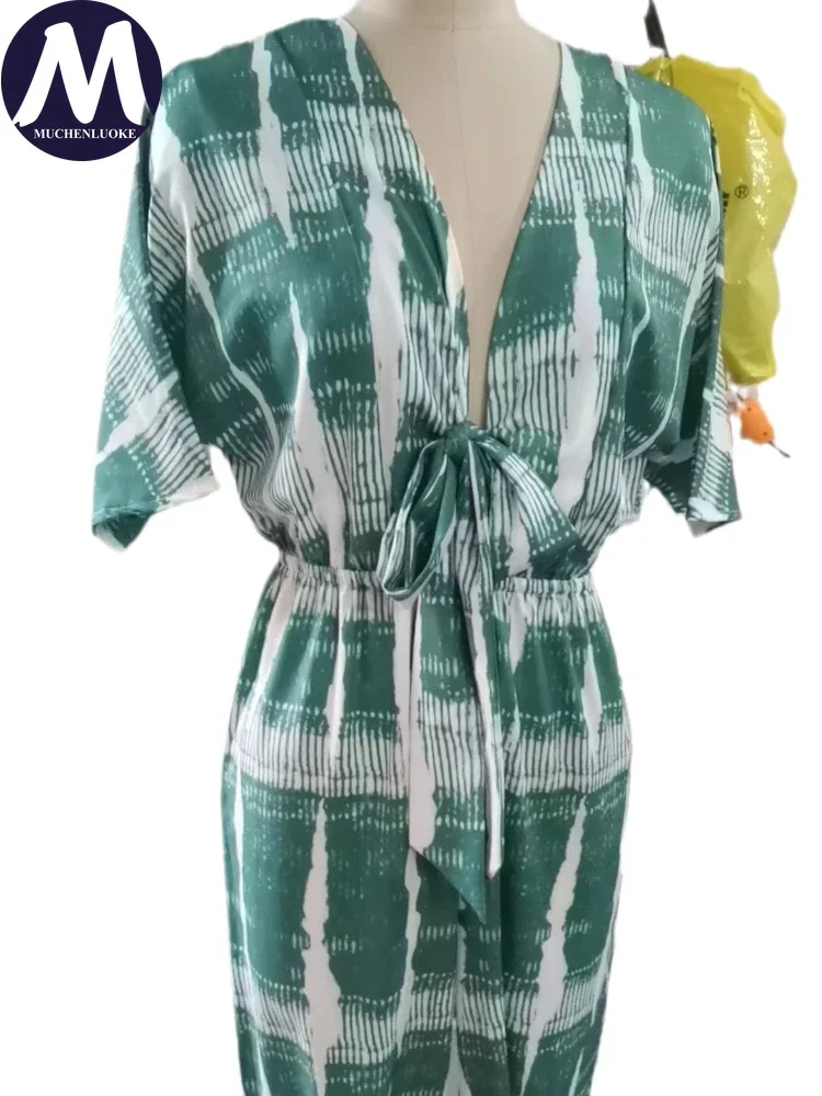 여성용 루즈한 하이 웨이스트 레이스 업 점프수트, 프린트 쿼터 슬리브, V 넥 점프수트, 캐주얼, 여름, 신상품, 패셔너블