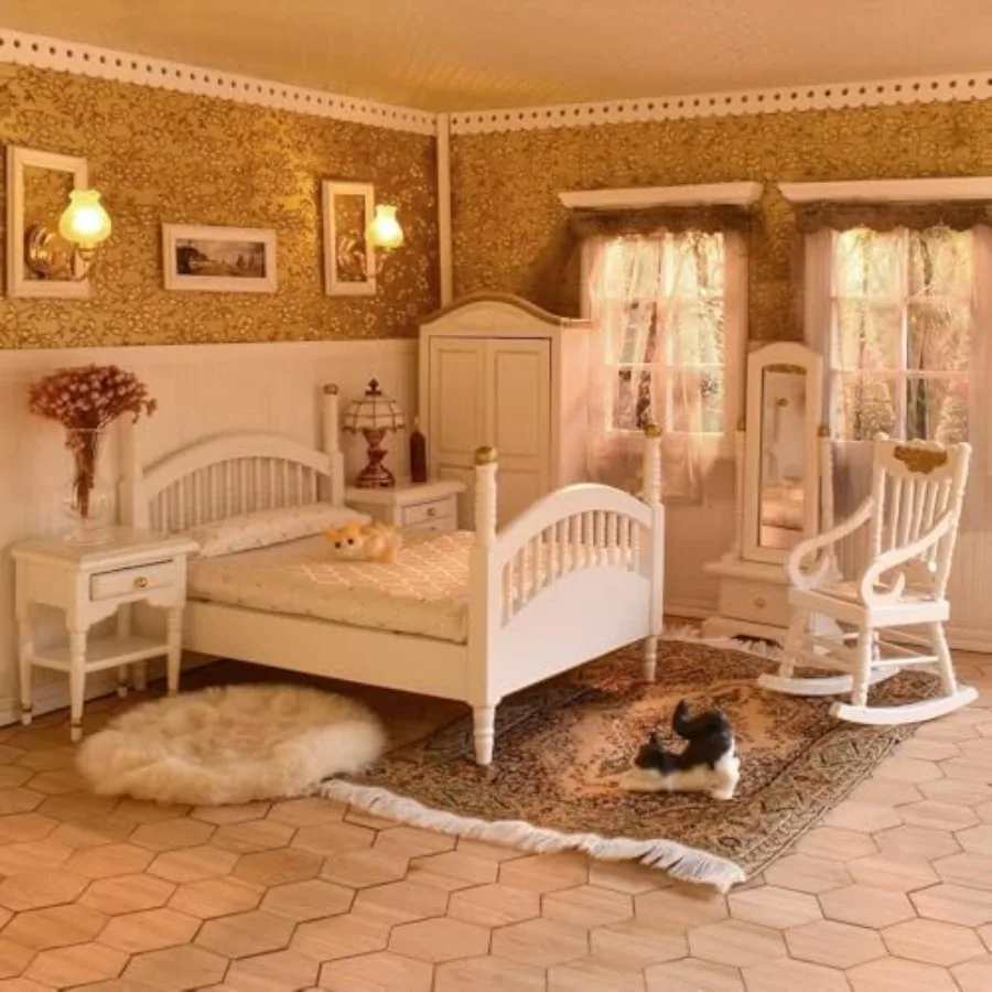 

Victorian Dollhouse Furniture 1/12 Scale Brewster Dollhouse Bedroom Furniture Set White Gold Interior Decoration for Miniature