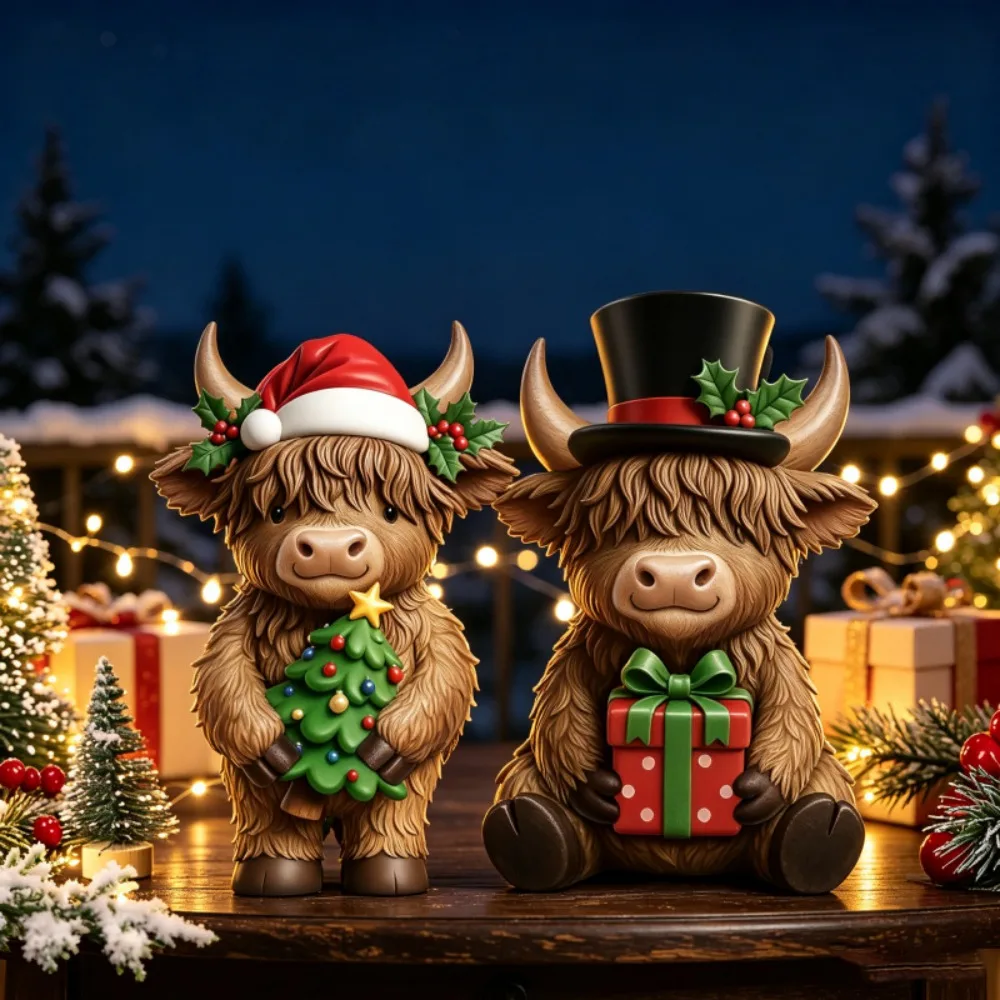 Christmas Highland Cow Wooden Desktop Ornament 2-piece Set with Gingerbread Man Design Desktop Fireplace Home Decoration Gift