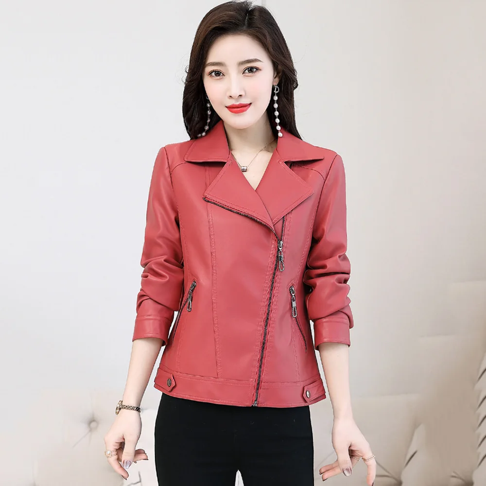 

New Women Spring Autumn Moto Leather Jacket Fashion Suit Collar Slim Sheepskin Coat Casual Split Leather Biker Outerwear