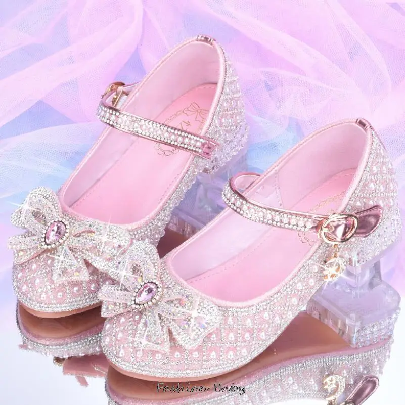 Girls Glitter Sandals Children\'s High Heels Shoes Kids Performance Crystal Sandals Baby Catwalk Princess Children\'s Shoes