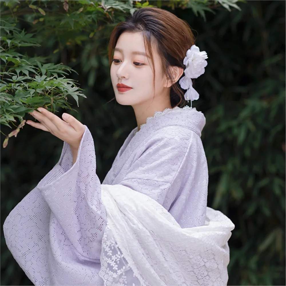 Japanese Style Yukata Vintage Dress Improved Kimono Photography Travel Photo Purple Lace