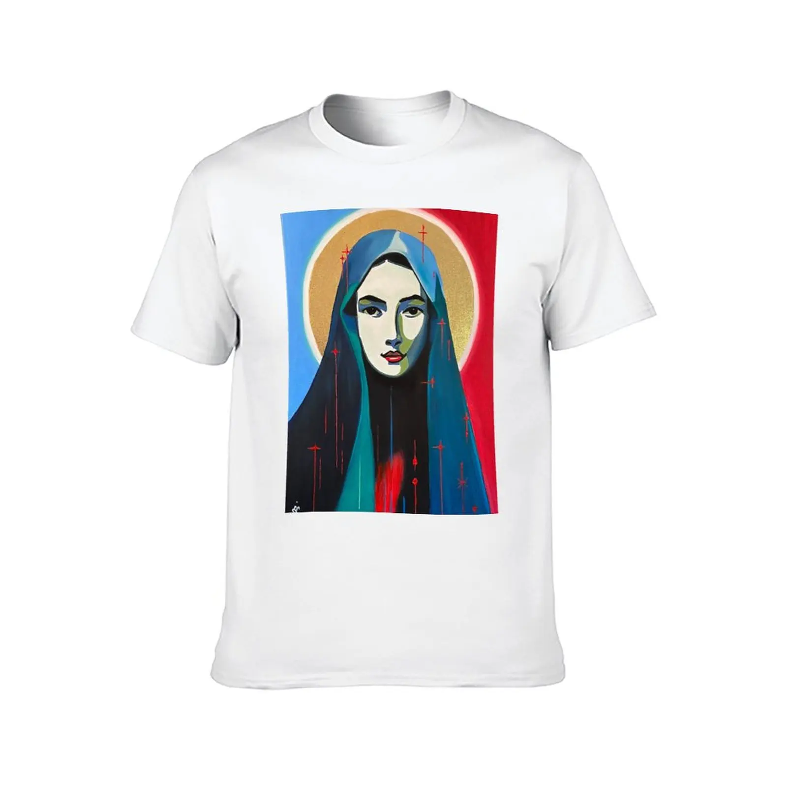 Mary Magdalene. Artist: ROSSI, acrylic, oil pastel, gold leaf, Virgin Mary, Madonna T-Shirt oversizeds tshirts for men