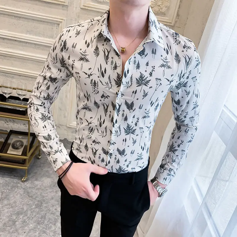 

2023 Men Spring Autumn New Flower Print Casual Shirts Male Slim Fit Dress Shirt Men Fashion Long Sleeve Business Blouses I159