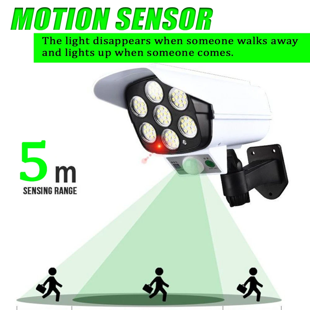3 طرق إضاءة متعددة الزوايا كاميرا محاكاة عالية أضواء المراقبة الشمسية 77 LED/COB مستشعر حركة خارجي مصباح جداري