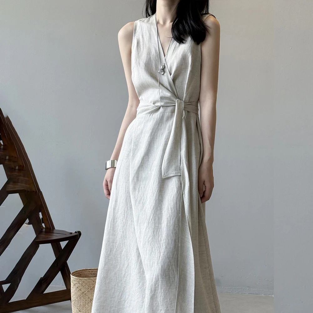

New Women Summer Linen Long Dress 2025 V-Neck Sleeveless Loose Style Elegant Vintage Maxi Dress Vestidos Women Casual Clothes