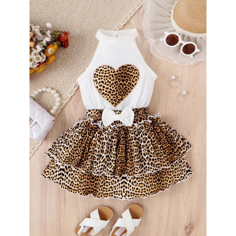 Girls' Spring Summer Halter Leopard Heart Print Vest Bowknot Lace Cake Dress Set