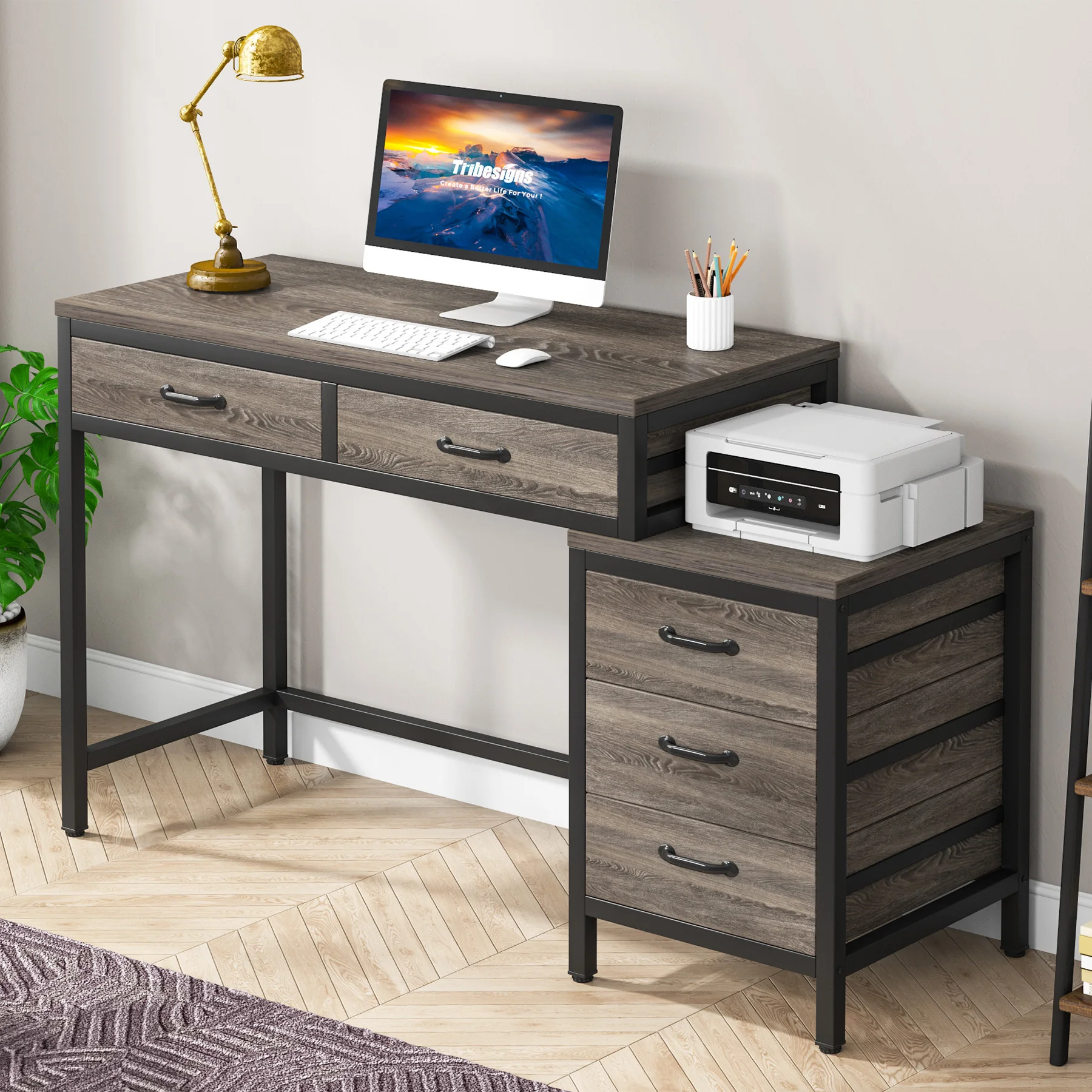 Tribesigns Computer Desk with 5 Drawers, Home Office Desks with Reversible Drawer Cabinet Printer Stand, Industrial PC Desk