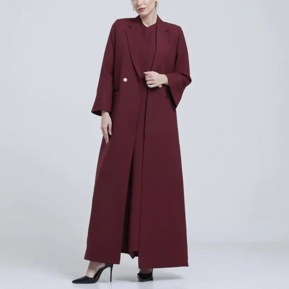 Fashion Solid Abaya Blazer Burgundy Chic Notch Lapel Double Breasted Long Coat Basic Formal Office Daily Casual Women Jacket