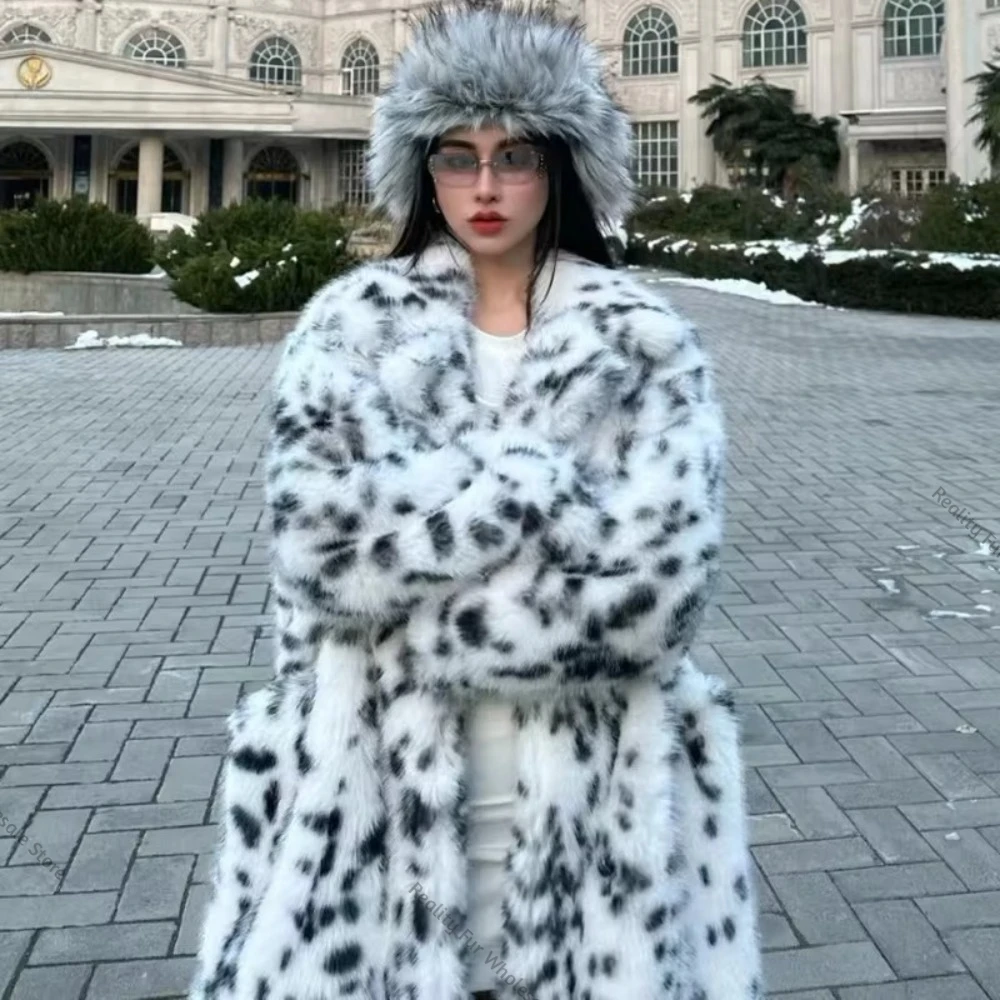 New Cool Girls Real Fur Coat Long Belted Leopard Print Rabbit Fur Outerwears Women Autumn Winter Thick Warm Soft Fluffy Overcoat