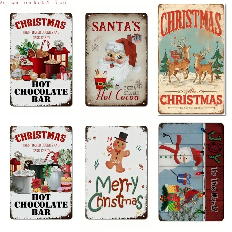 Retro Christmas Snowman Metal Tin Signs 6pcs Vintage Iron Wall Art Plaques with Festive Quotes Rustic Decor for Family Room