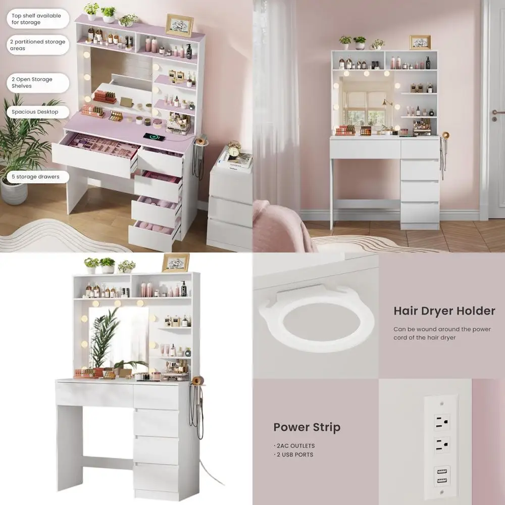 

LED-Illuminated Makeup Vanity Desk with 5 Drawers, Adjustable Brightness, and Power Outlet in White