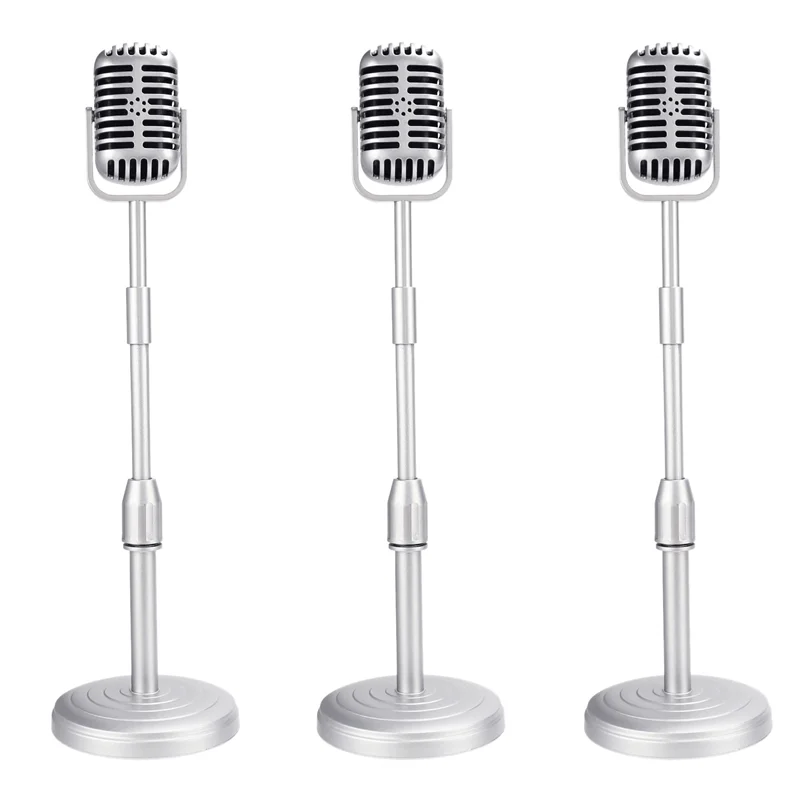 

ABJM-3X Desktop Microphone Prop Model With Adjustable Height, Classic Retro Style Microphone Stand Fake Mic Prop,Silver
