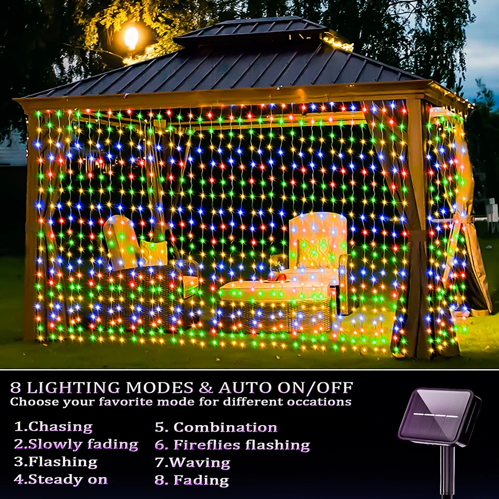 Solar Curtain String Lights 8 Lighting Modes 300Leds Outdoor Garden Yard Decoration Fairy Lights Christmas Holiday Lighting