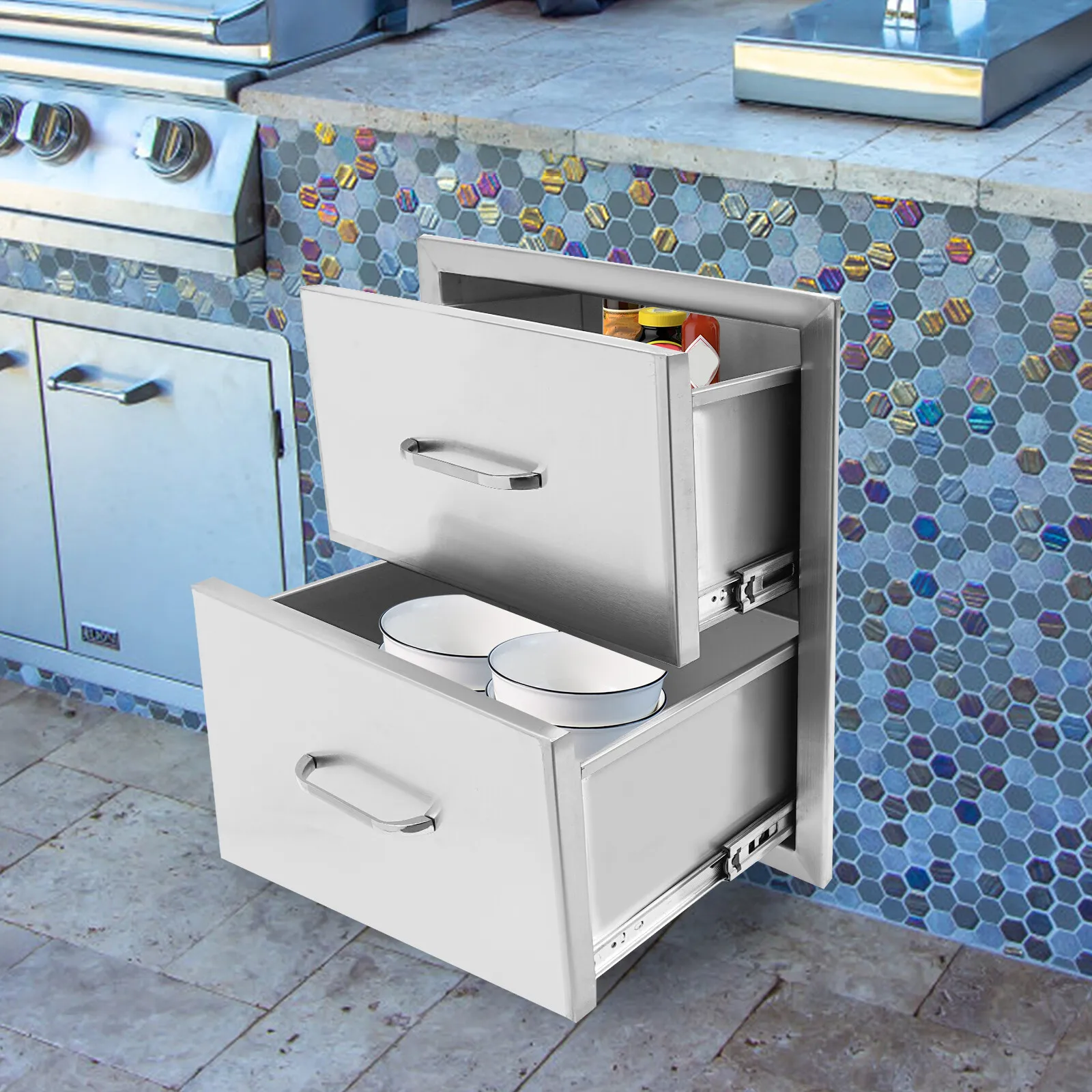 Outdoor Kitchen Pull Out Trash Bin, Double Access Storage, Stainless Steel, Large Capacity for Kitchenware