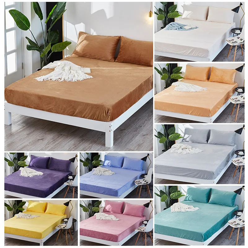 

Thicken Non-Slip Elastic Velvet Mattress Cover Soft Warm Plush Fitted Sheet Solid Color Double Bed Bedding (No Pillowcase)