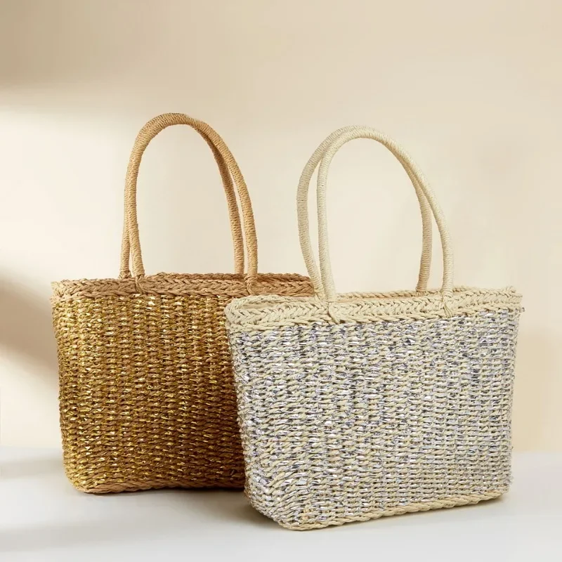 Sac en paille tissé à la main en ULde papier pour femmes, sac à main d'été, sac de plage de vacances en bord de mer, sac à main shopper Asus, nouveau, 2024