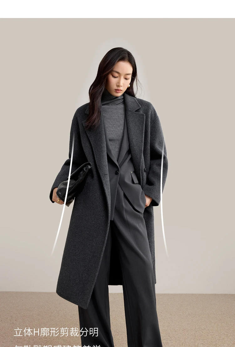 SENTUBILA Damen 100% Wolle Doppelseitiger Mantel Winter 2026 Anzug Reverskragen Klassischer Pendlerstil Langer Übermantel W54OA8779 – Detail 17