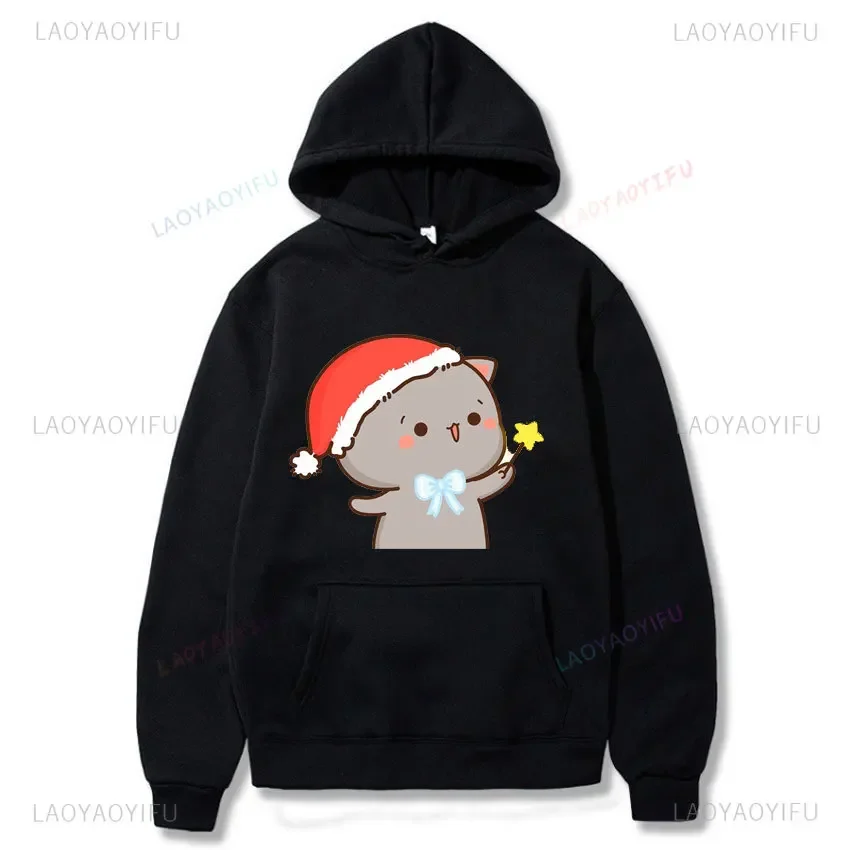 Couple Clothes Christmas Themed Sweatshirt Cute Christmas Peaches and Ash Ash Wear A Santa Hat Hoodies Funny Cartoon Pullovers