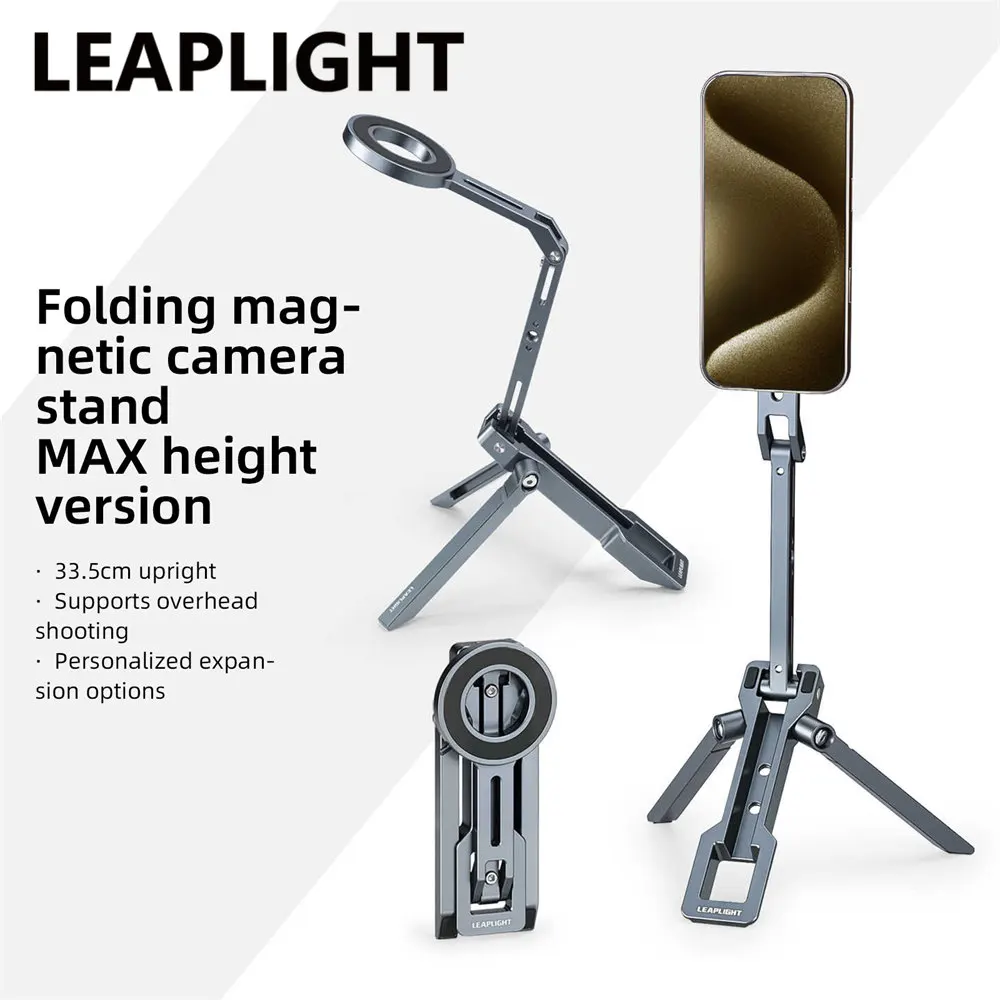 LEAPLIGHT Dual Side Magnetic Phone Tripod Mount 360 Aluminum Overhead Shooting Stand Phone Holder for Iphone Ipad Fill Light