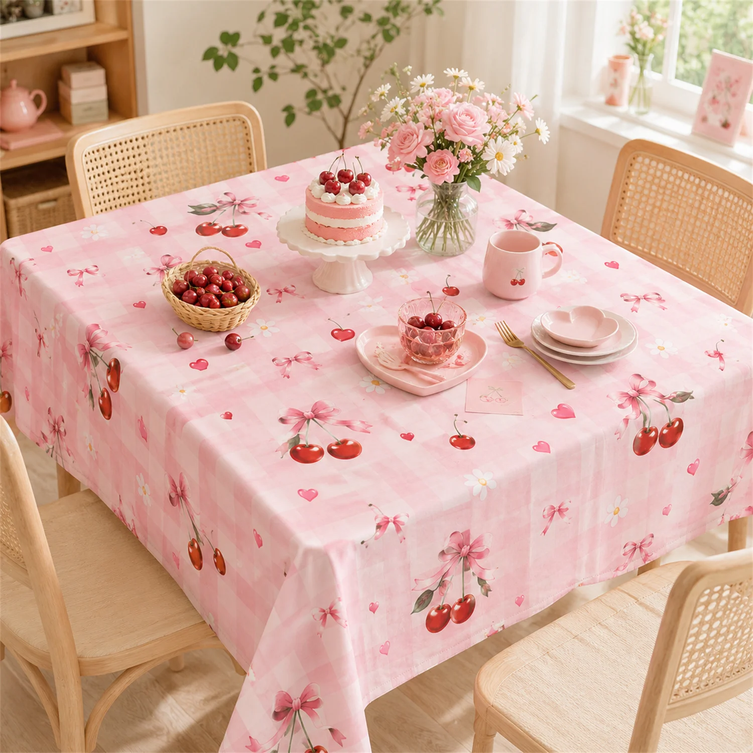 Pink Cherry Bow Gingham Tablecloth Cute Daisy Heart Print Dining Table Cover Kitchen Party Picnic Wedding Home Decor