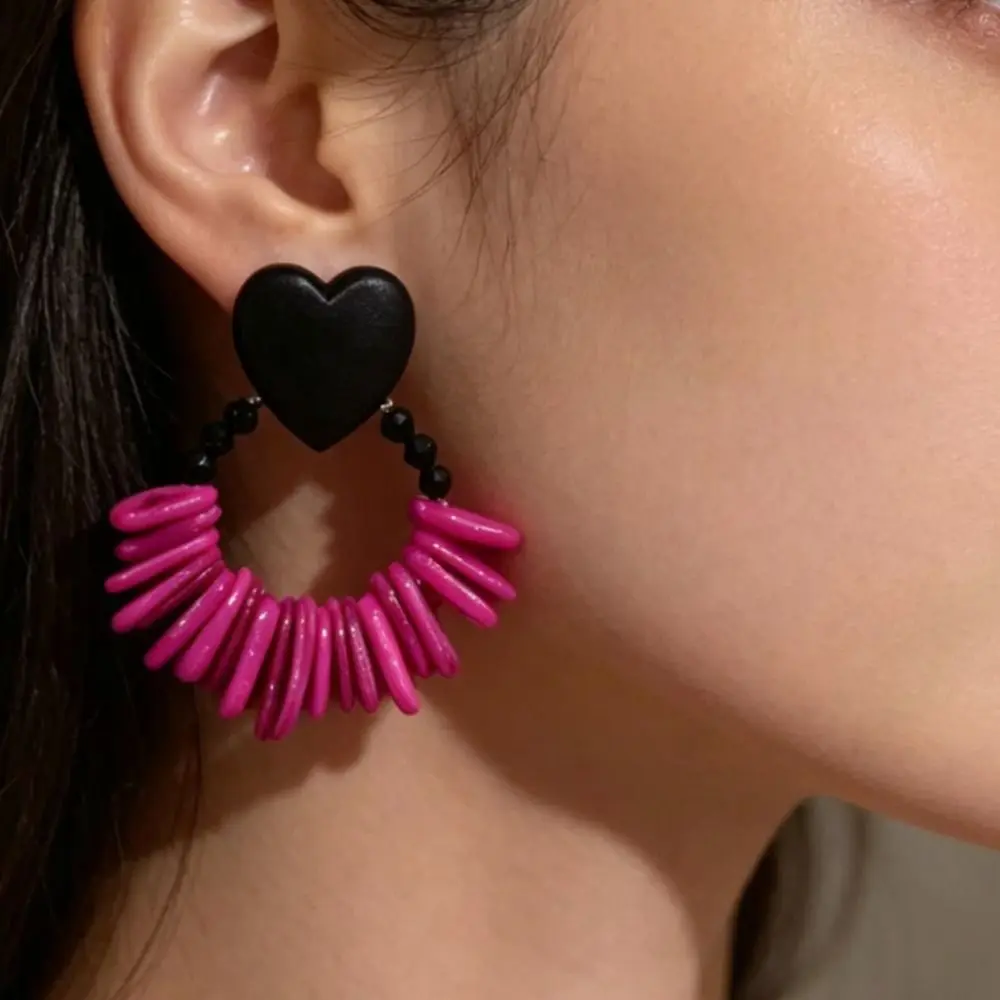 Nuevos Pendientes de Aro con Cuentas Rosa Palo, con Cuentas de Concha y Piedras, Pendientes de Corazón de Madera, Estilo Vintage para Mujer
