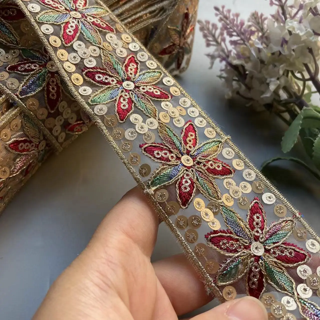 

1 Yards Red Organza Sequin Embroidery Lace Trims Fabric Garment 4.5cm Gold Thread Ribbon Costume Shoes Sewing Accessories