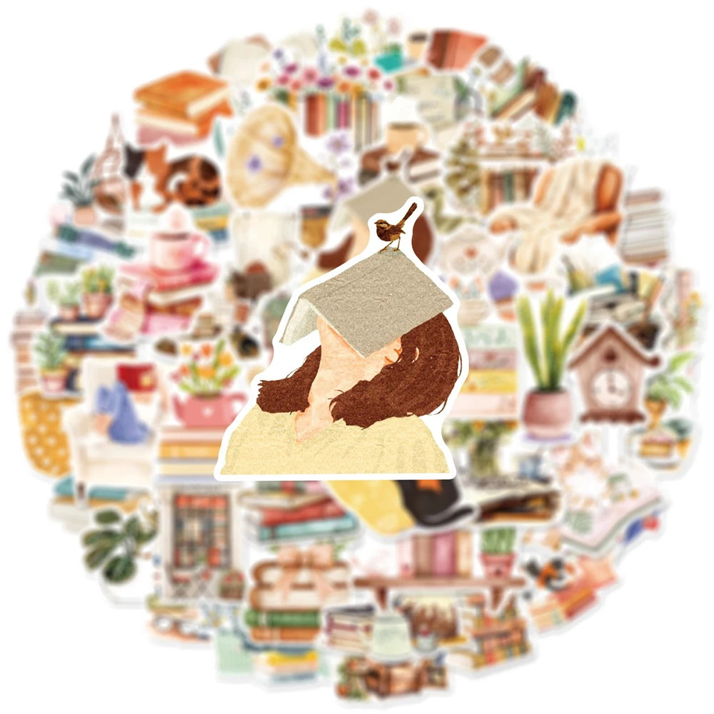 10/30/50pcs Vintage Watercolor Books Reading Stickers Aesthetic Graffiti Decals DIY Notebook Suitcase Laptop Decoration Sticker
