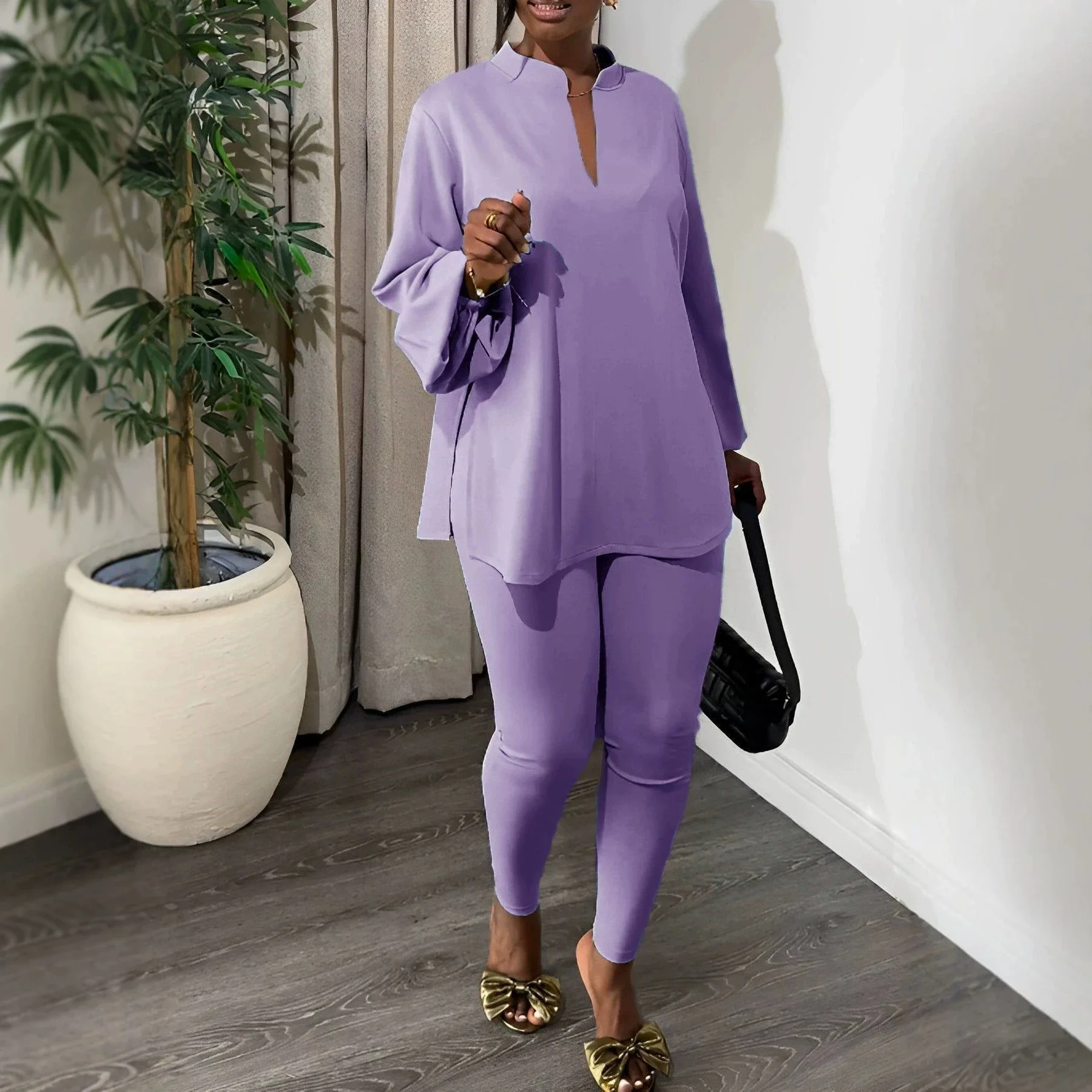2026 Women's Knitwear New Solid Color Multi-color Fatigue V-neck Top And Tight Pants. Fashion Elegant Two-piece Set