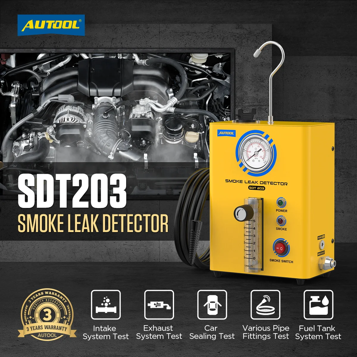 AUTOOL SDT203 Smoke Machine Leak Detector EVAP System Pipe Leak Locator Automotive Diagnostic Smog Gas Leakage Analyzer Detector
