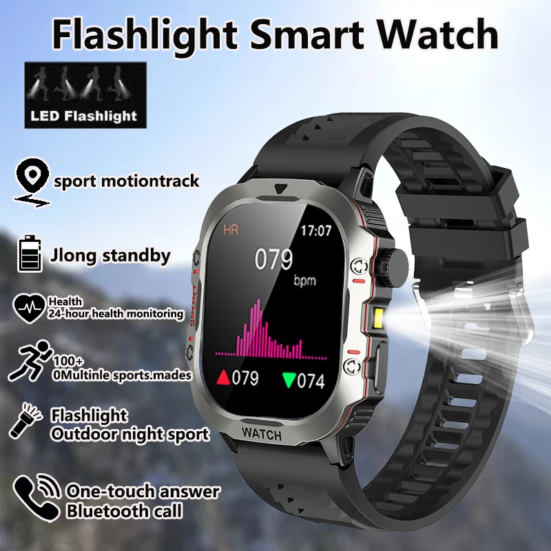 ใหม่ไฟฉายสมาร์ทวอทช์ LED การตรวจสอบอัตราการเต้นของหัวใจการโทรผ่านบลูทูธการติดตามเส้นทางการเคลื่อนไหวฟิตเนสผู้ชายผู้หญิงสมาร์ทวอทช์