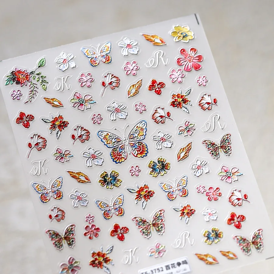 Olieverfschilderij Stijl Bloemen Vlinder 5d Reliëfs Zelfklevende Nail Art Stickers Zonnebloem Rose Madeliefje 3d Manicure Stickers