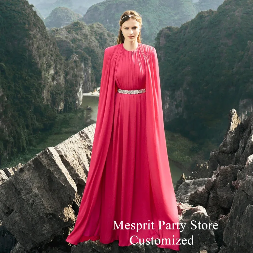

Hot Pink Evening Dress Saudi Arabic Customized Round Neck Crystal Belt Chiffon A Line Prom Dresses Cape Arabian Party Gown