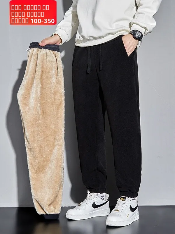 

Мужские зимние спортивные брюки свободного кроя с эластичными манжетами, утепленные флисом и овечьим велюром, повседневные длинные брюки больших размеров с черными карманами на молнии
