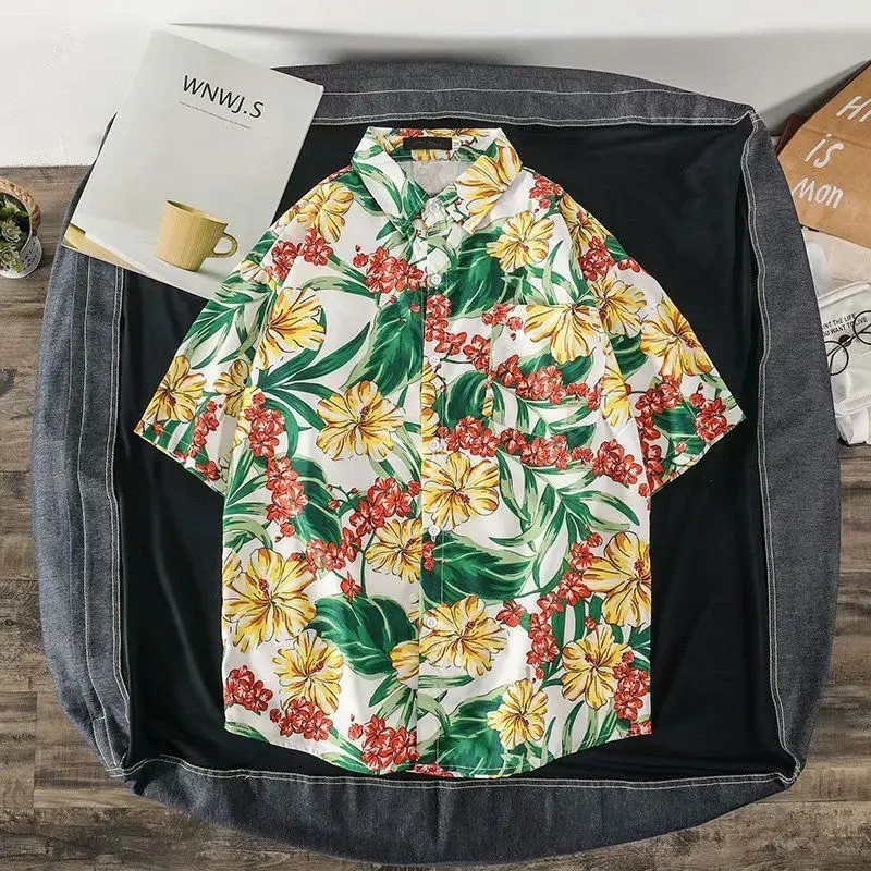 Vintage Floral Short Sleeve Men Vacation Beach Hawaiian Shirt Fashion Casual Loose Button Printed Sun Protection Clothing Tops